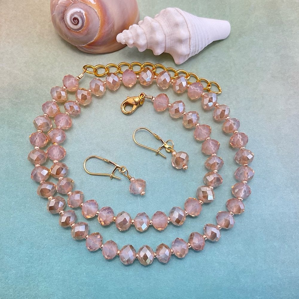 Pink Golden Aura Crystal Beaded Necklace & Earrings, Aura Effect, Handmade